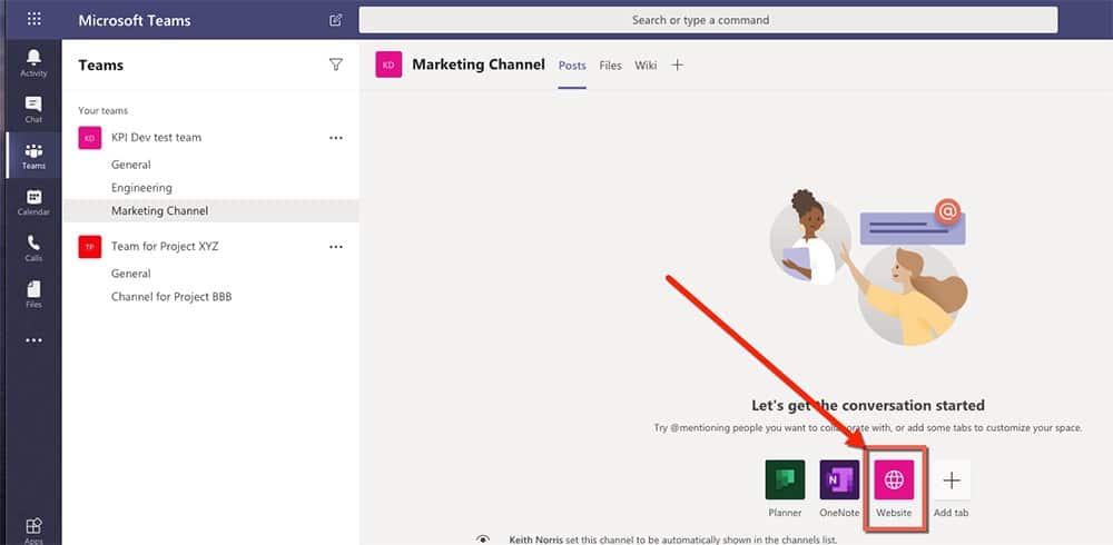 Microsoft Teams how to add a website