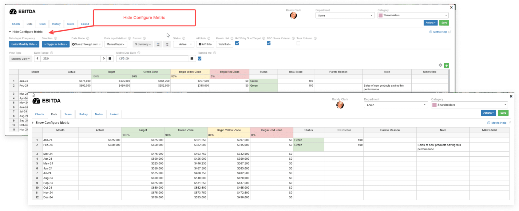 On Metrics Hide or Show Configure Options